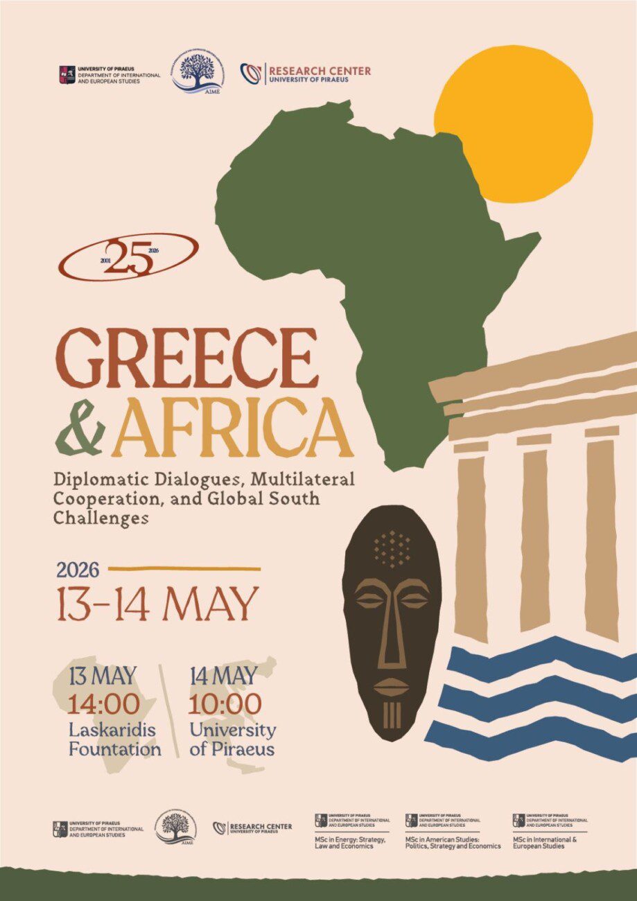Poster for the Greece & Africa conference (May 13–14, 2026) featuring an Africa silhouette, sun, temple columns, a tribal mask, and blue waves.
