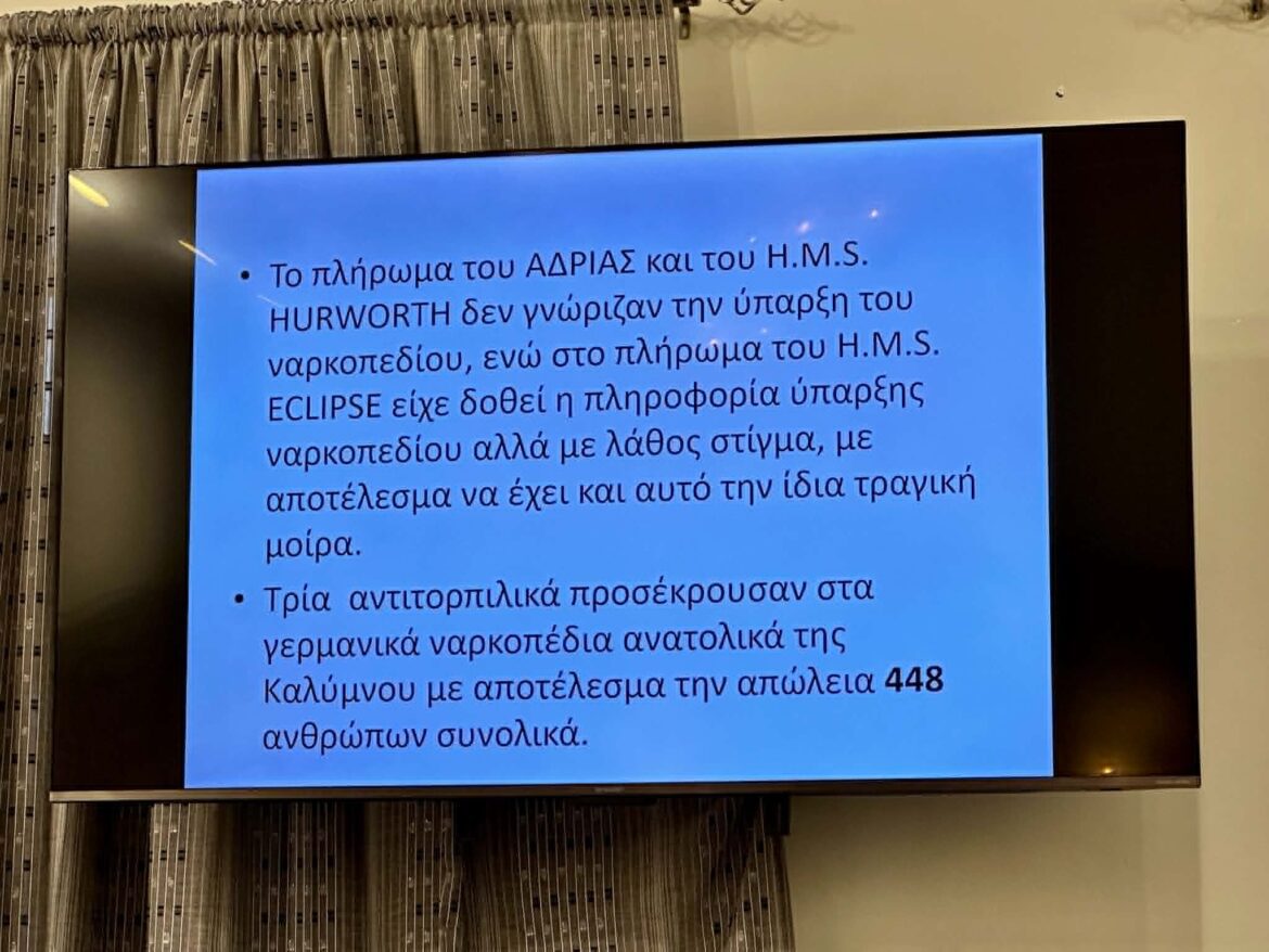 Blue presentation slide with Greek bullet points displayed on a wall