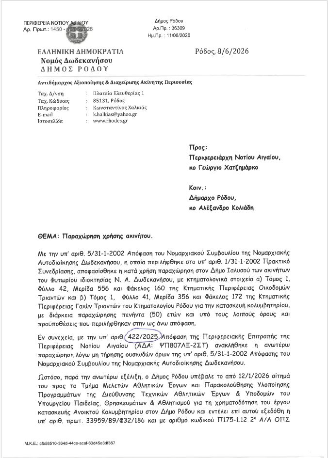 Απόστολος Ασπράκης στον RV: Ο Δήμος κατέθεσε στο Υπουργείο Αθλητισμού αίτημα χρηματοδότησης για το κολυμβητήριο Ιαλυσού, παρότι γνώριζε ότι το ακίνητο δεν του ανήκει! (audio + έγγραφα)