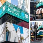 Collage of Times Square billboards advertising the Aegean Islands with bright teal signage and towering ads.