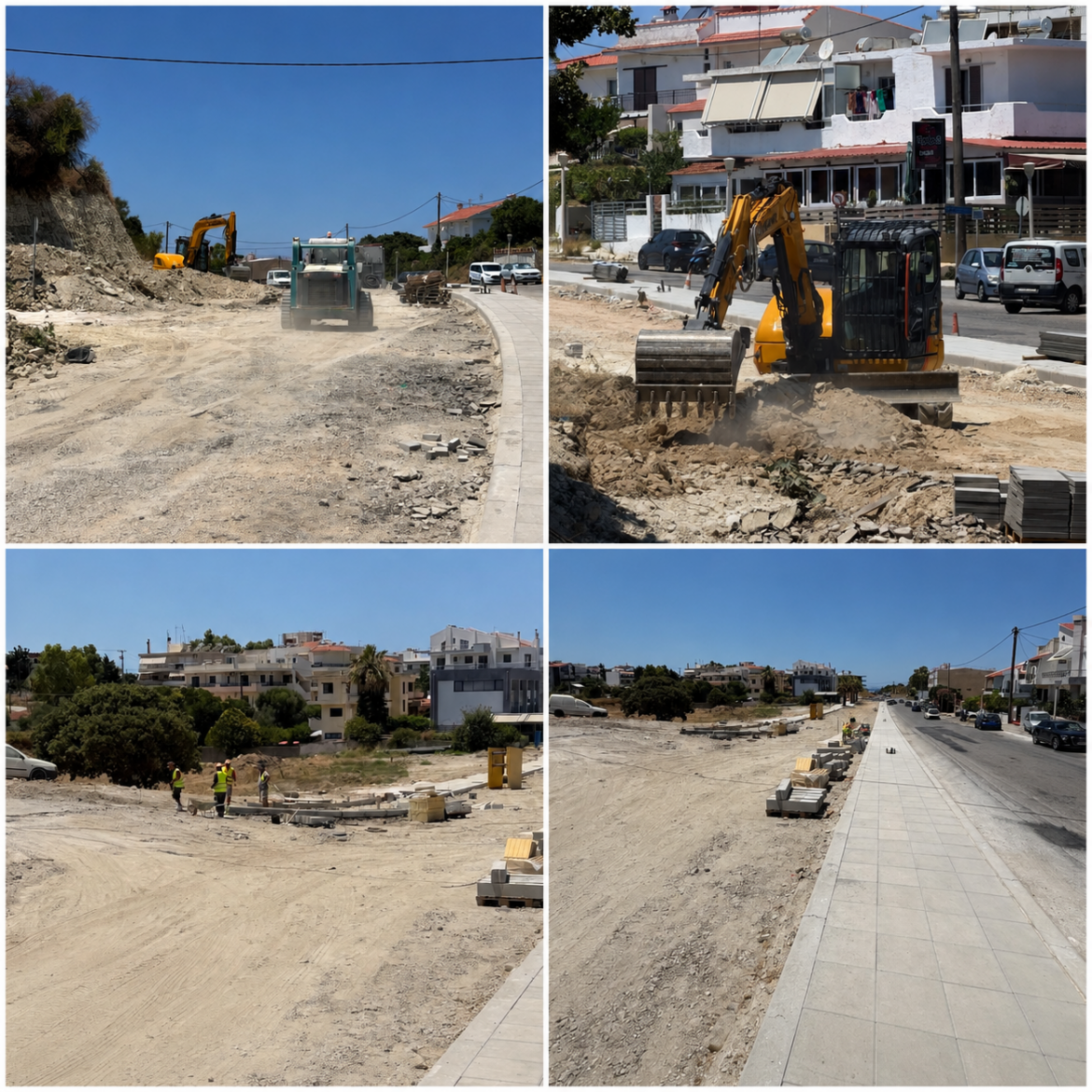 Collage of urban road construction: excavators, piles of dirt and materials, and workers along a street with a new sidewalk.