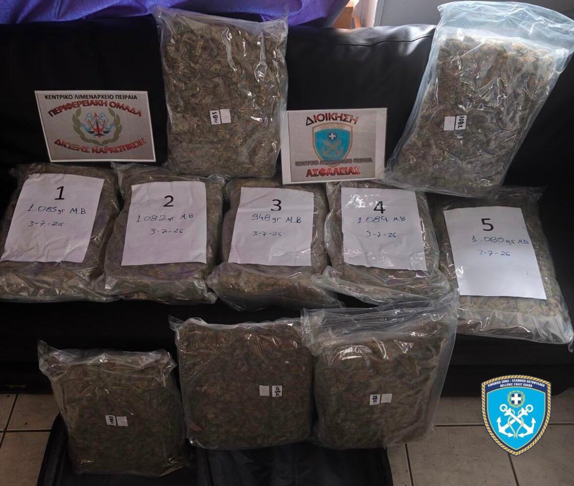 Assorted sealed bags of dried plant material labeled 1–5 on a couch, with Greek police narcotics unit signs nearby.